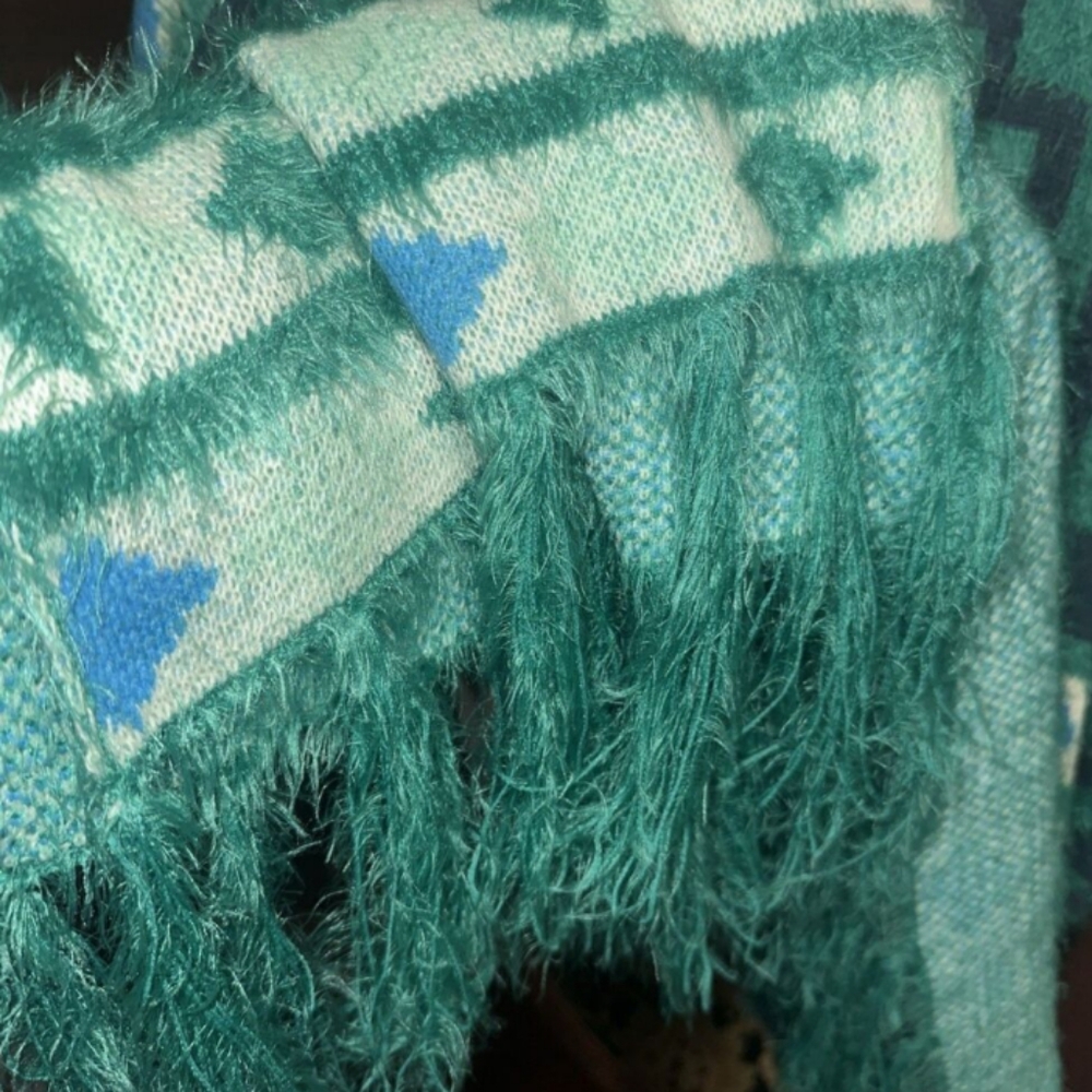 Free People Boho Kimono Poncho Diamondback Design Emerald Blue OS 36.5"W 32"LNew - Picture 7 of 10